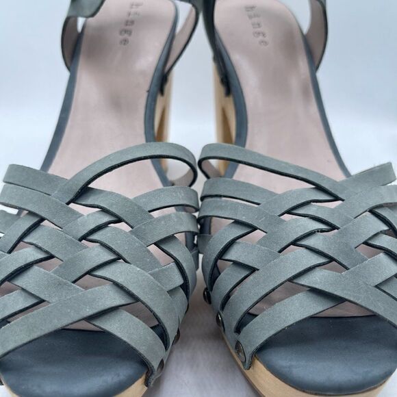Hinge Parker Strappy leather wooden heel Dusty Blue Sandal 9 - Picture 2 of 11